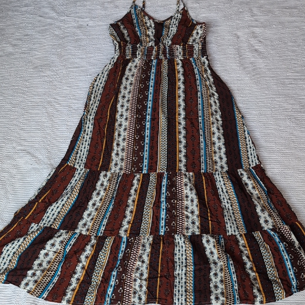 Elegant Bohemian Maxi Dress in Brown and Blue